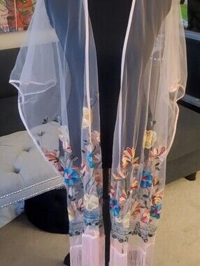 Haute Hippie  Sheer Embroidered Floral Fringe Kimono - Pink, Blue, Yellow NWT
